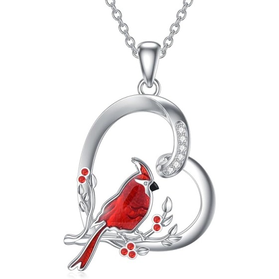 Red Cardinal Necklace with Diamond Cardinal Heart Pendant 925 Sterling Silver Memorial Gifts for Women Diamond Red Cardinal Necklace for Christmas Birthday