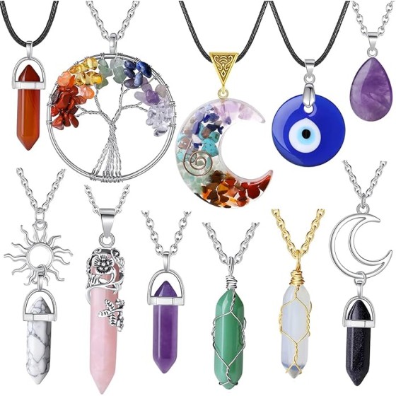 XIANNVXI 11 Pcs Crystal Necklaces for Women, Evil Eye Boho Chakra Hippie Pendant Beach Jewelry Set, Gifts