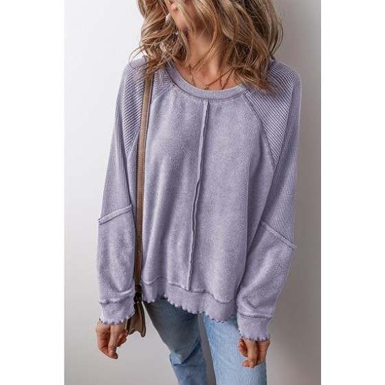 WHO IN SHOP Women's Oversized Sweatshirt off shoulder waffle knit Top Long Sleeve Crew Neck Casual Pullover Top