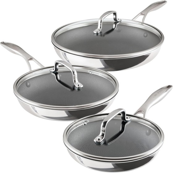 Circulon C1 Series Clad Stainless Steel with ScratchDefense Technology Cookware Nonstick Induction Frying Pans/Skillets with Lids, Metal Utensil Safe, 6 Piece Set - Polished Stainless Steel