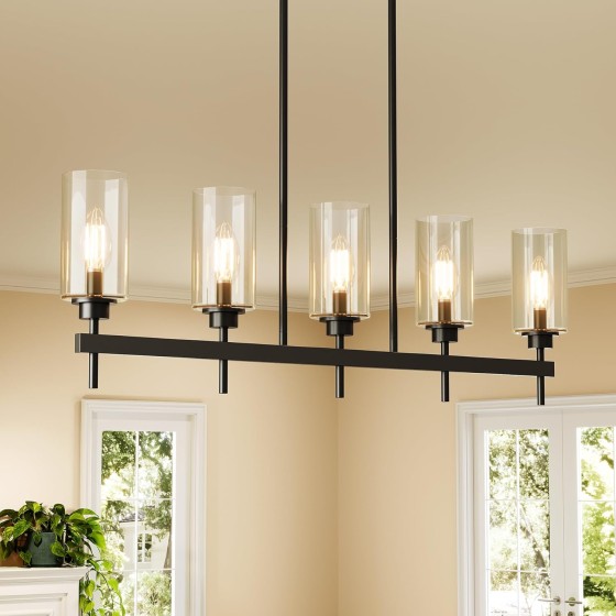 Tribesigns 5-Light Dining Room Light Fixture, Farmhouse Chandeliers for Kitchen Island Lighting with Adjustable Height, Matte Black Linear Chandeliers Pendant Ceiling Light with Clear Glass Shade