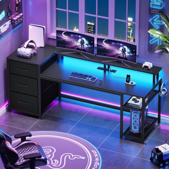 SEDETA 59" Office Desk with Drawers, Reversible Computer Desk with File Drawers & Storage, Gaming Desk with LED Lights & Power Outlet, Home Office Desks for Printer