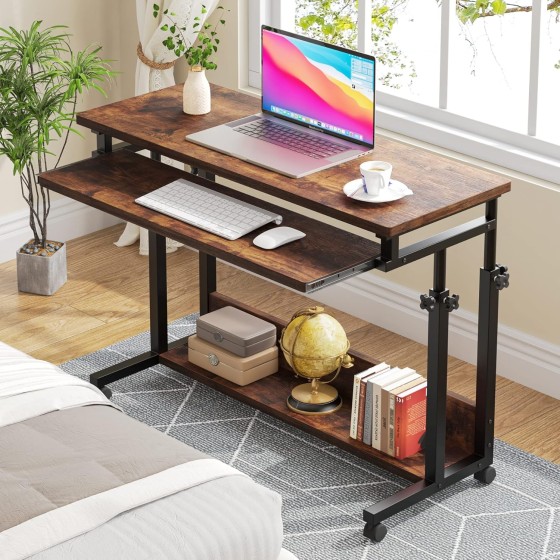 Tribesigns Portable Desk for Sofa and Bed, Height Adjustable Laptop Table Small Standing Desk Rolling Computer Cart with Keyboard Tray on Wheels for Home Office