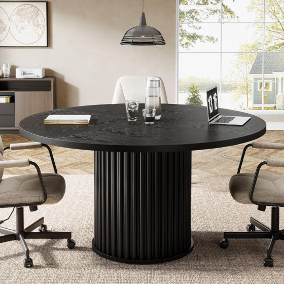 Tribesigns 47-Inch Round Conference Table, Black Meeting Table for 4-6 People, Small Office Desk with Sturdy Metal Base, Perfect for Conference Room or Small Workspaces, Black